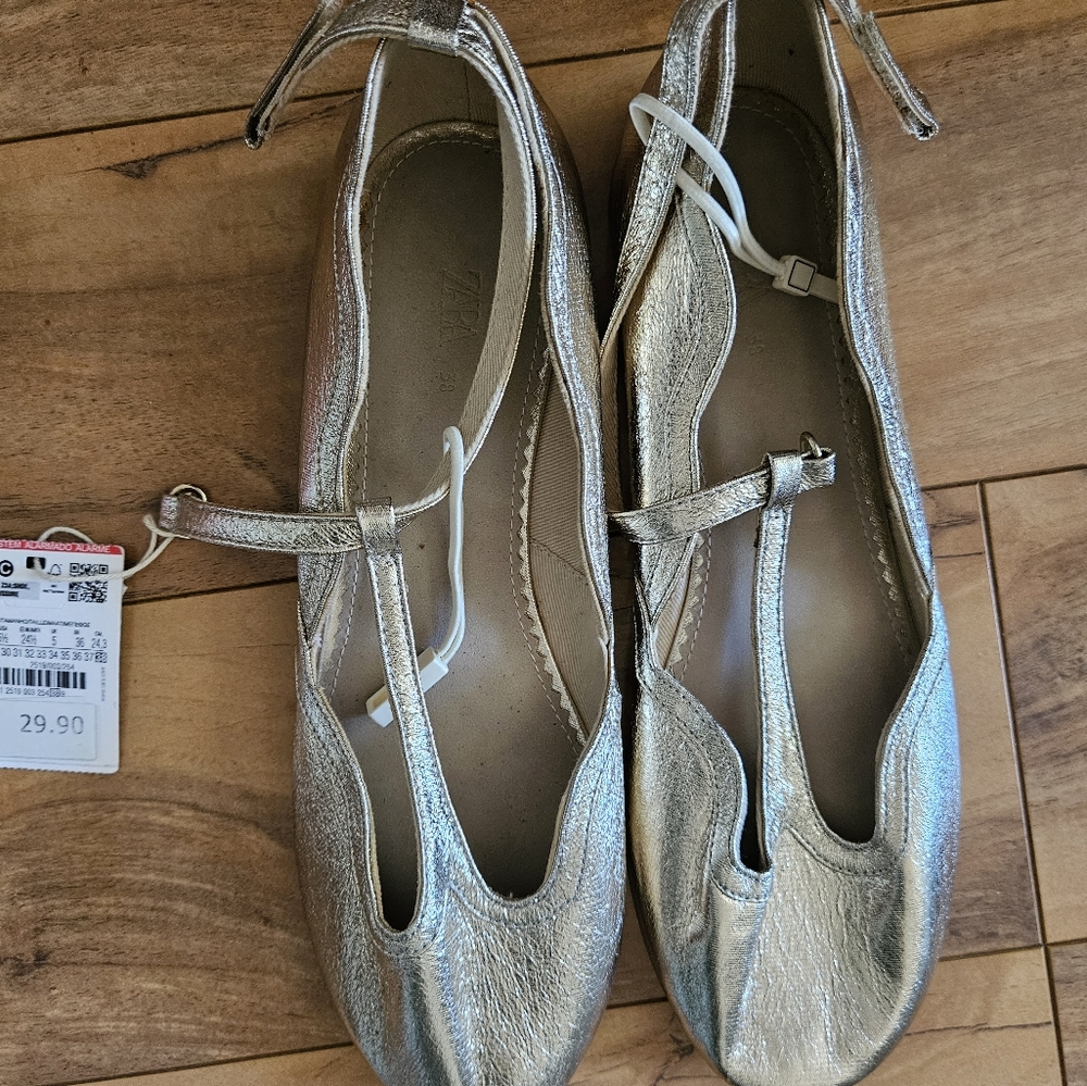 Silver Women's T-Strap Ballet Flats
